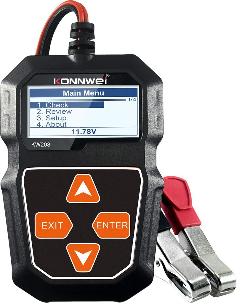 A black Konnwei KW208 battery tester with red and black cables and alligator clips, shown against a white background.