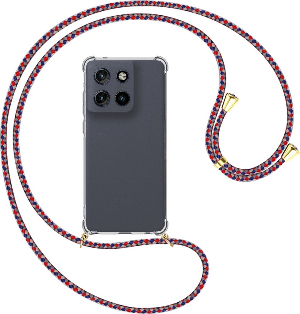 Handykette Backcover-Schutzhülle mit Band (Metall goldfarben) für Motorola Moto G Stylus 5G (2025) - silber/blau/rot