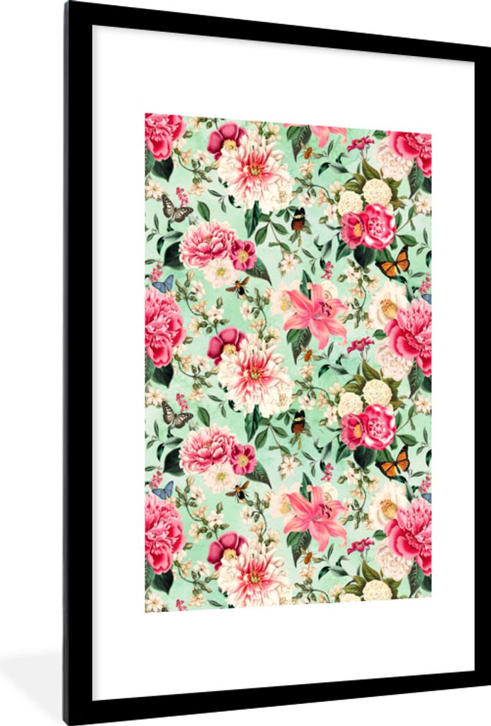 MuchoWow MuchoWow Gerahmtes Poster Blumen - Rosa - Schmetterling 60x90 cm - Poster mit zchwarzem Bilderrahmen - Dekoration - Wandposter Wohnzim...