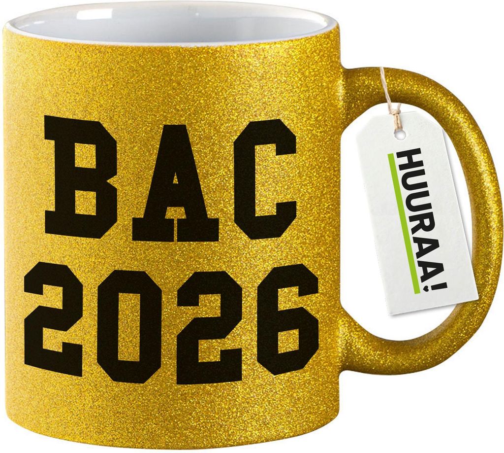 Huuraa Glitzertasse BAC 2026 Abschluss Frankreich 330ml Gold Keramik Kaffeebecher Geschenkidee