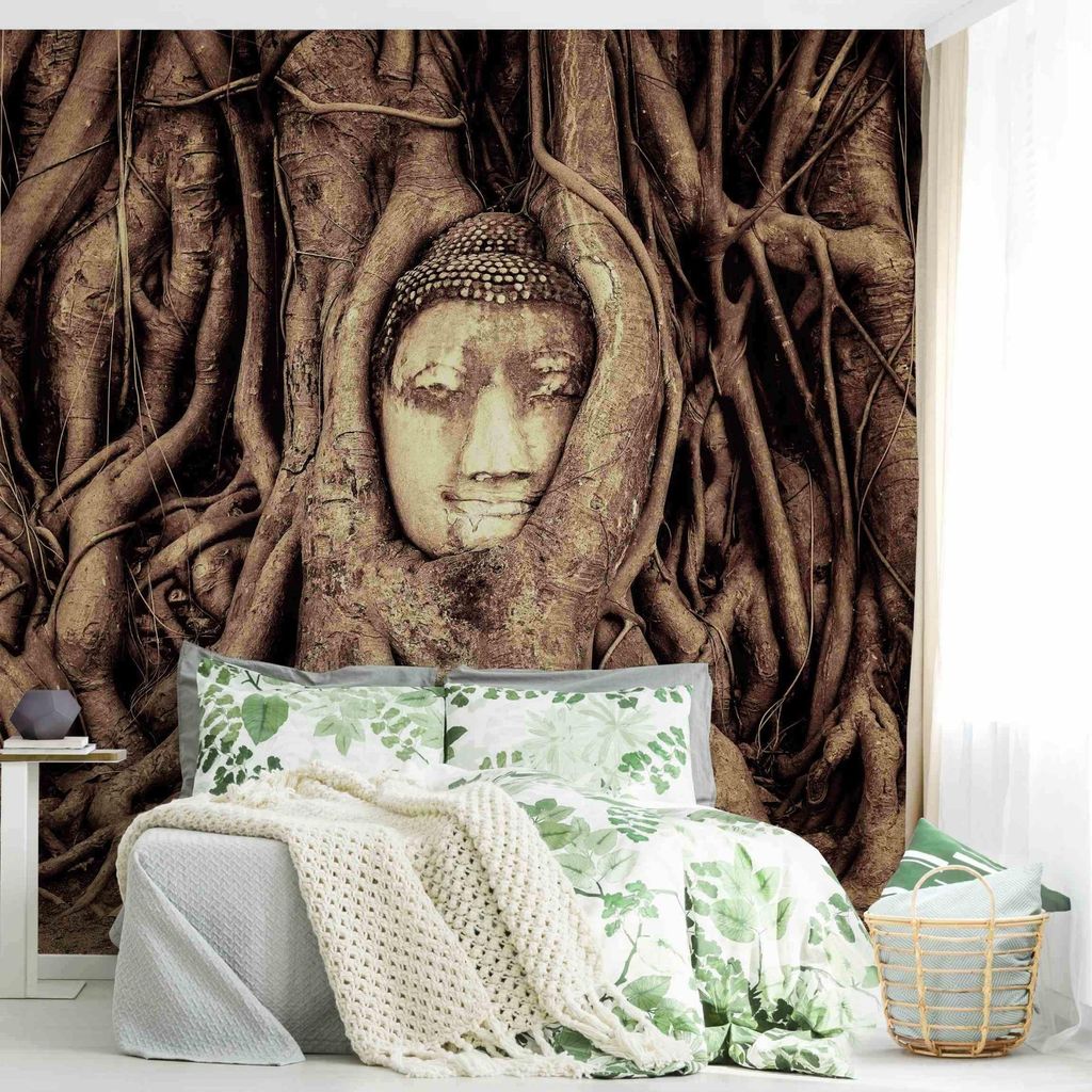 Fototapete Wald - Vliestapete - Bildtapete UV-beständig Buddha braun Vintage Wandtapete geruchsfrei