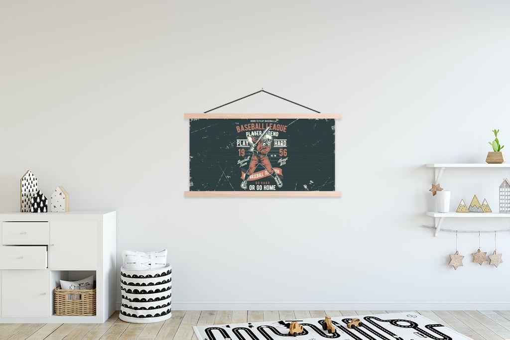 MuchoWow Textilposter Jahrgang - Skelett - Baseball 120x60 cm mit holzfarbenen Rahmen - Klemmleiste