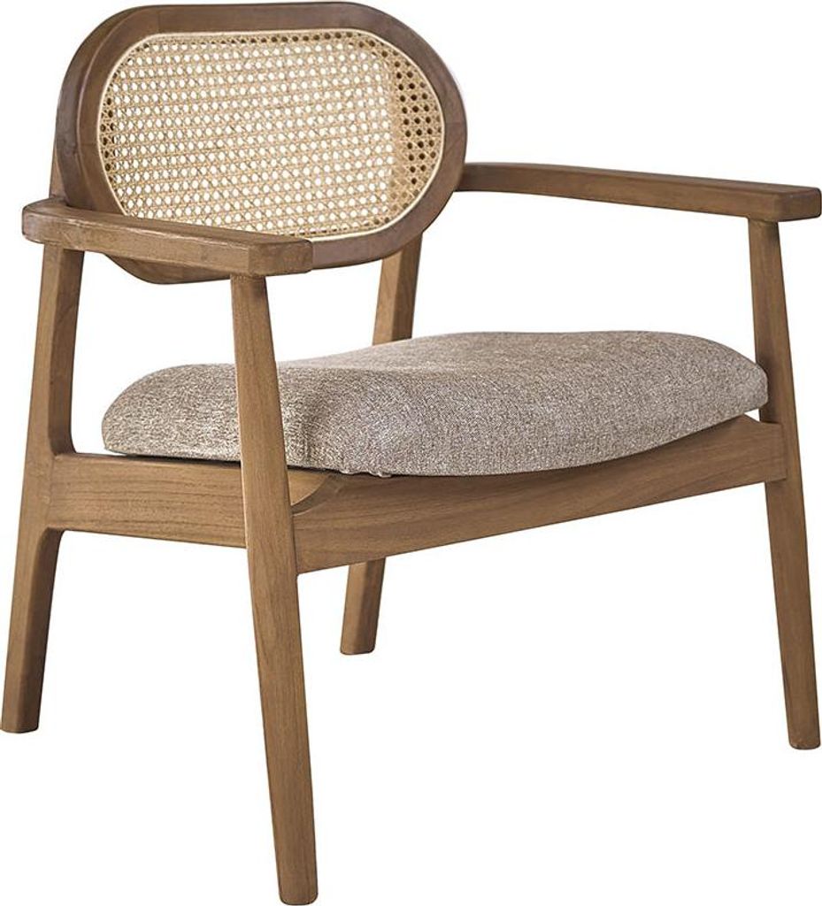 Sessel aus massivem Teakholz, Rohrgeflecht und Stoff in Greige, modern