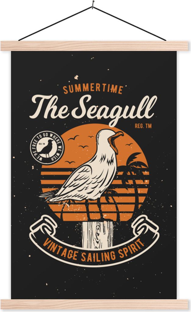 MuchoWow Textilposter Vogel - Jahrgang - Baum 120x180 cm mit holzfarbenen Rahmen - Textil-Plakat