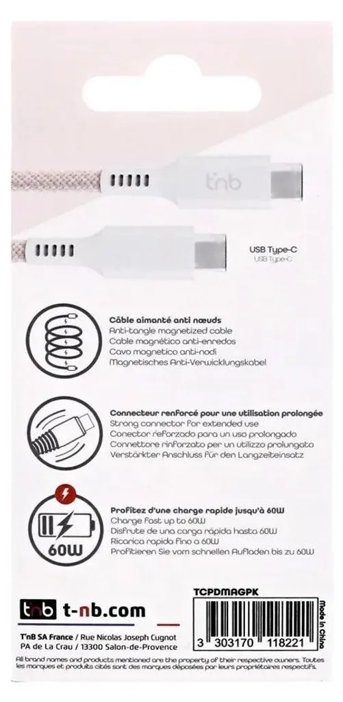 Câble USB-C T'nB 1,5m Rose et Blanc Idéal pour Recharge Tablette et PC - 5