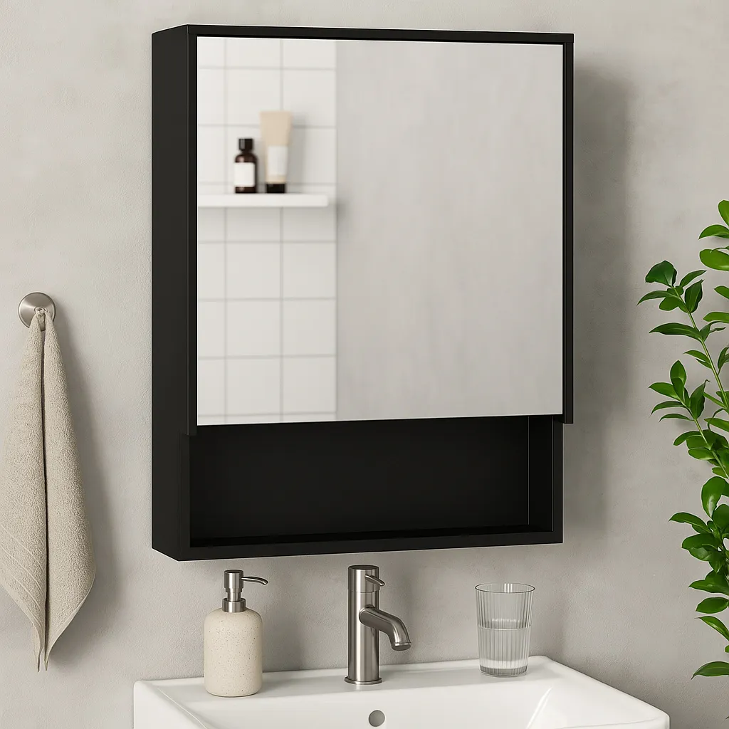 Armadietto Specchio Bagno AIORBER Nero - Acciaio Inox Salvaspazio 46cm