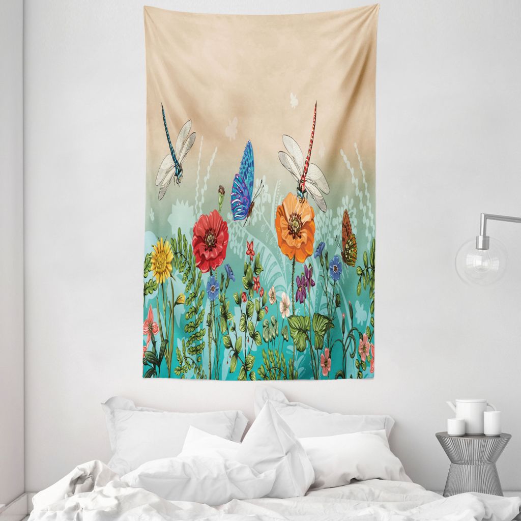 ABAKUHAUS Frühling Wandteppich und Tagesdecke, Blühend Natur Bugs aus Weiches Mikrofaser Stoff Waschbar ohne Verblassen Digitaldruck, 140 x 230 c...