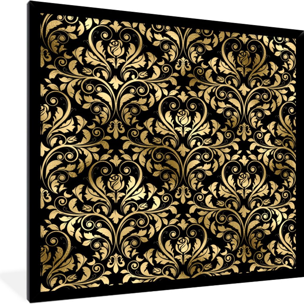 MuchoWow Gerahmtes Poster Muster - Barock - Gold - Schwarz 40x40 cm - Poster mit Schwarzem Bilderrahmen Wandposter Rahmen Foto Bilder - Mit Rahme...