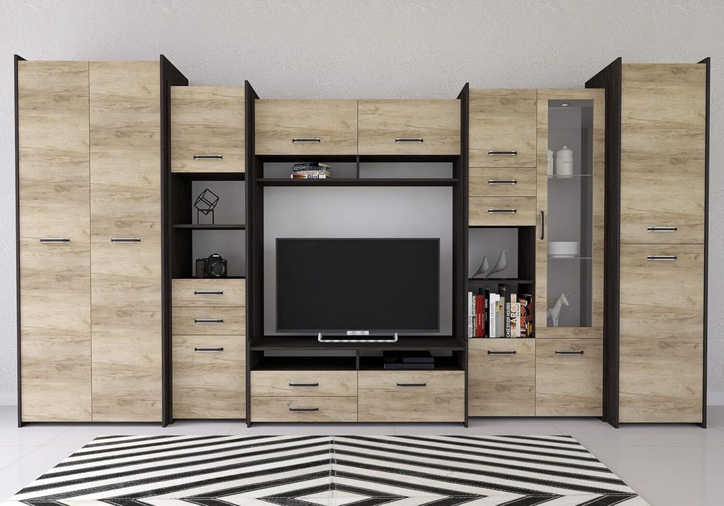 Easy4You Wohnwand MOKKA II B:360 cm Eiche Canterbury/ Country Grau Stilvolles Funktionales Möbelset für Wohnzimmer TV-Schrank Regale Vitrine