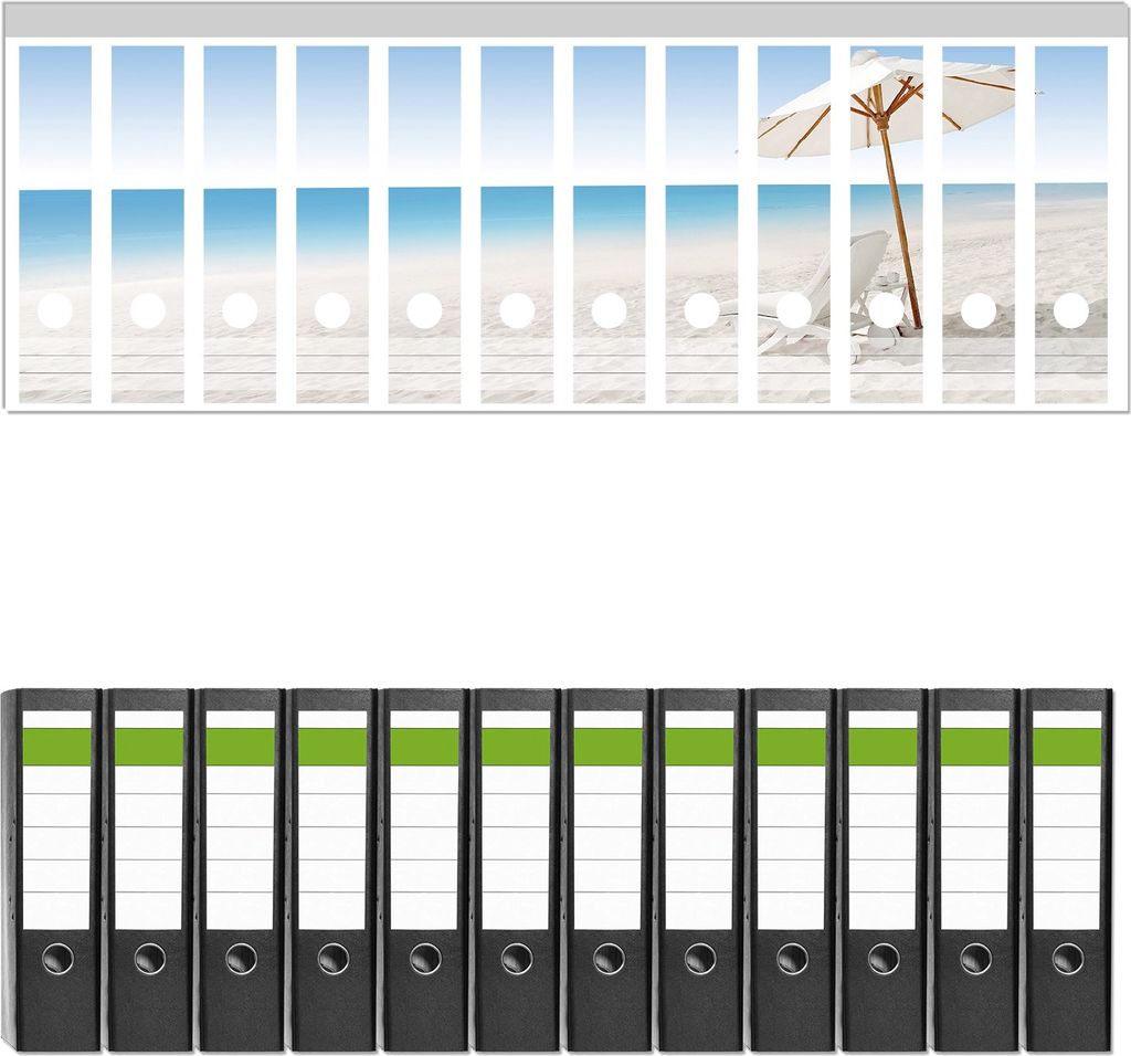 Wallario 12 Stück breite Ordner inkl. Klebeetiketten mit Motive Sonnenliege am weißen Strand unter blauem Himmel - Set mit Rückenschildern / Or...