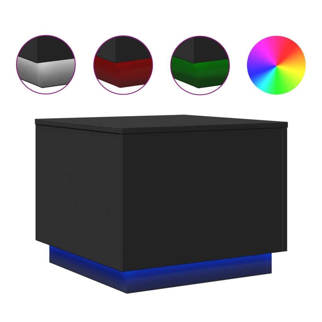 A black cube-shaped coffee table with blue LED lighting around its base, shown against a white background. Several circular insets above the table show close-ups of its corners with different color lighting options (gray, red, green) and a color wheel.