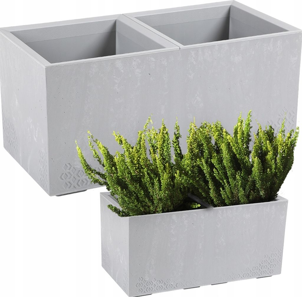 Two concrete planters, one with green plants, on a white background.