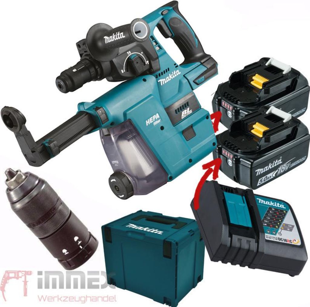A collection of Makita power tools and accessories, including a cordless hammer drill, batteries, charger, and storage case, arranged on a white background.