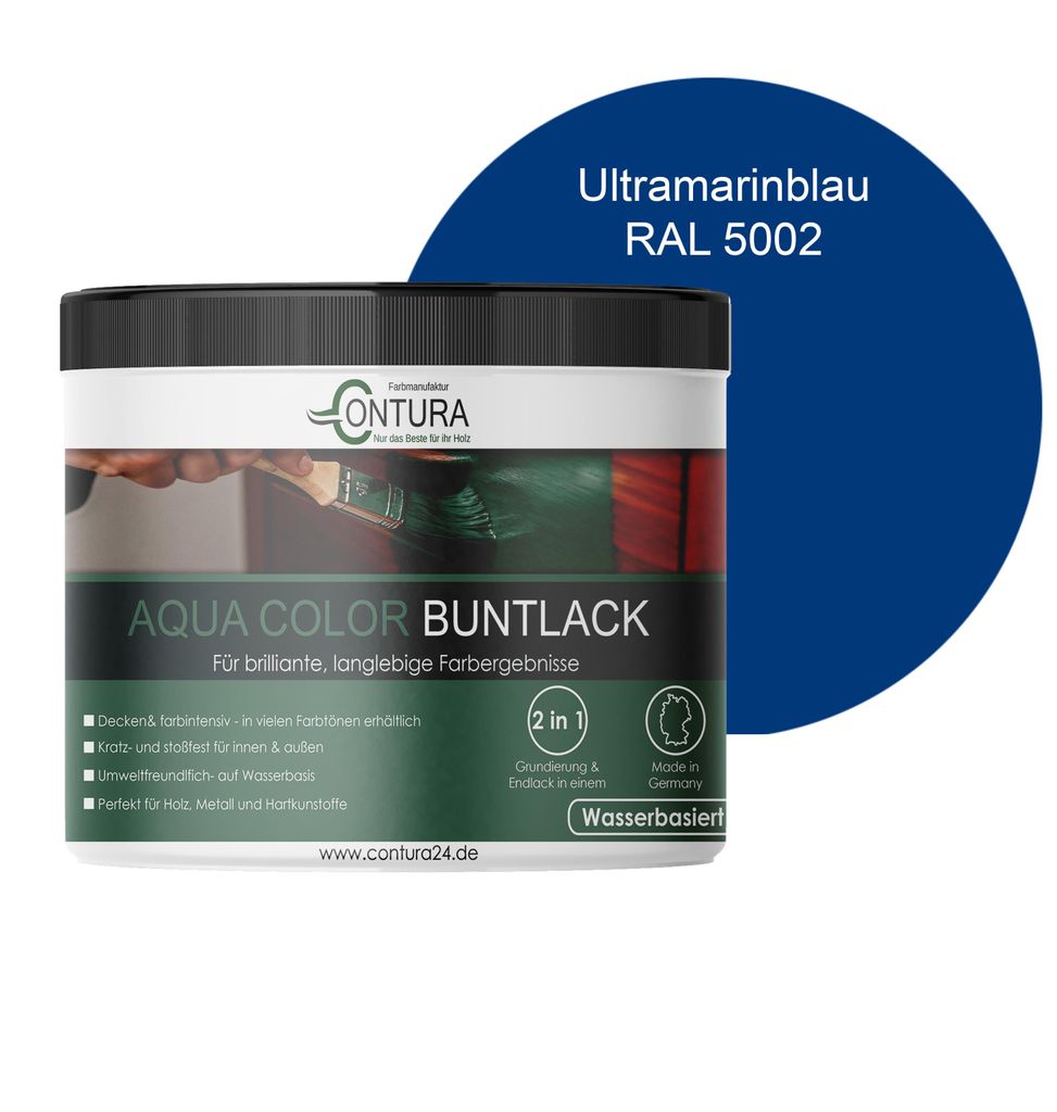 Contura 250ml. Buntlack Lackfarbe Lack Außen Innen Holz Metall Farbe Holzlack Möbellack - RAL 5002 Ultramarinblau