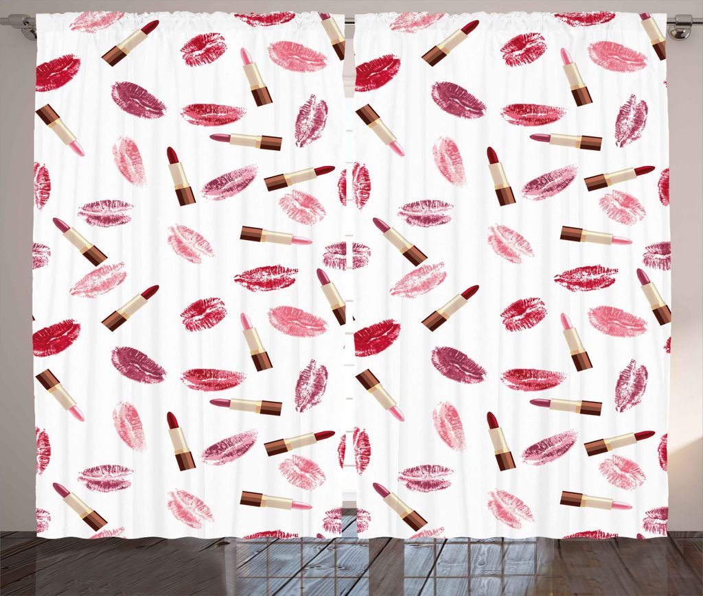 ABAKUHAUS Kosmetika Rustikaler Vorhang, Lippenstift-Kuss Makeup, Wohnzimmer Universalband Gardinen mit Schlaufen und Haken, 280 x 175 cm, Burgunder...