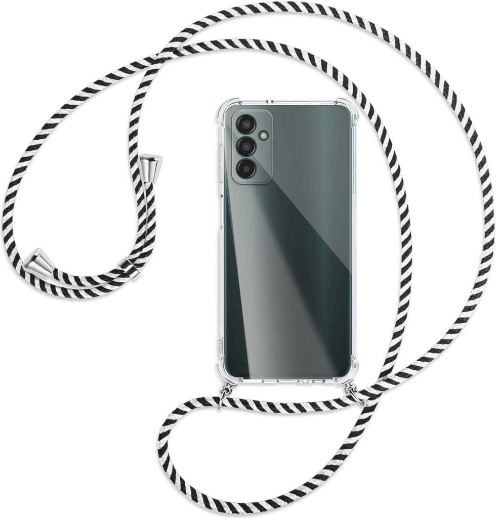Handykette Backcover-Schutzhülle mit Band (Metall silberfarben) für Samsung Galaxy M13 4G (SM-M135) - schwarz/weiß gestreift