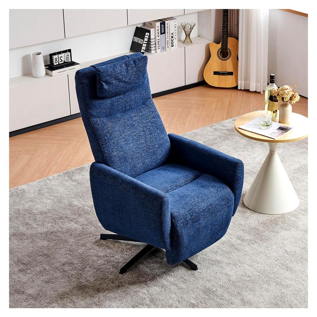 Bequemer Relaxsessel mit Liegefunktion – Chenille Fernsehsessel mit Fußstütze, drehbarer Stillsessel & Loungesessel für das Wohnzimmer (Blau)