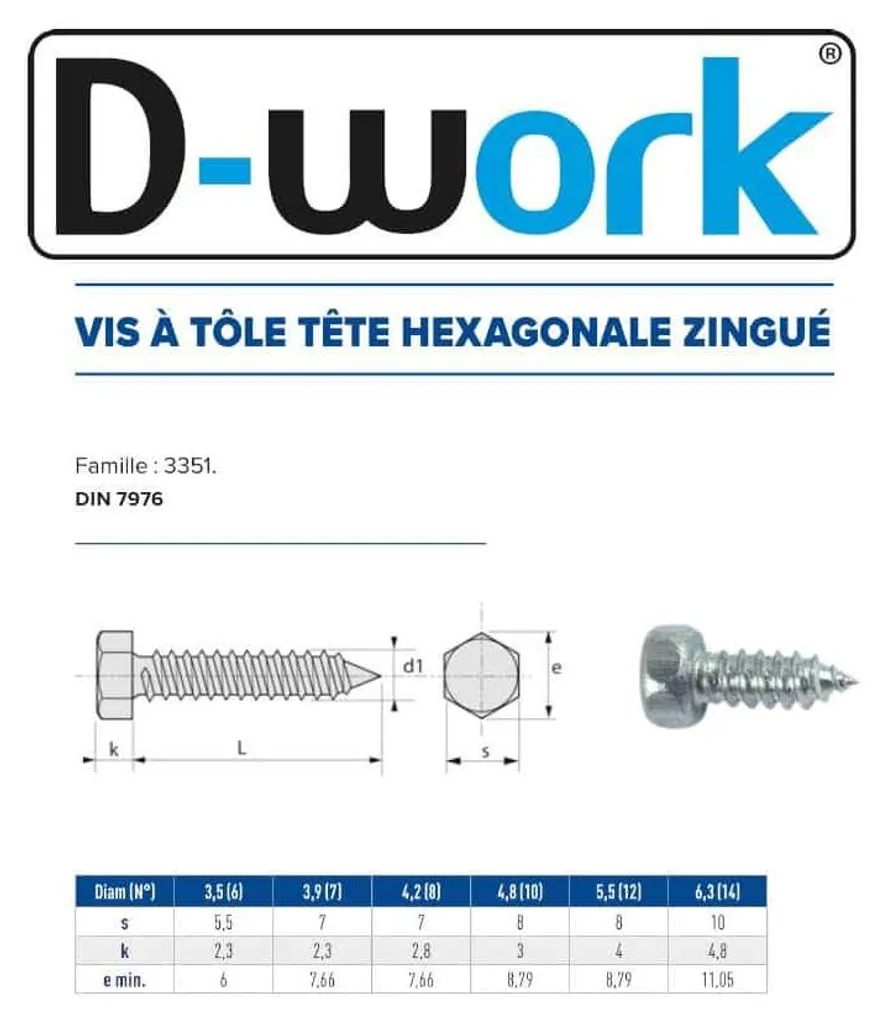 Vis à Tôle Tête Hexagonale 4.8x12.7 mm en Acier Zingué Blanc x500