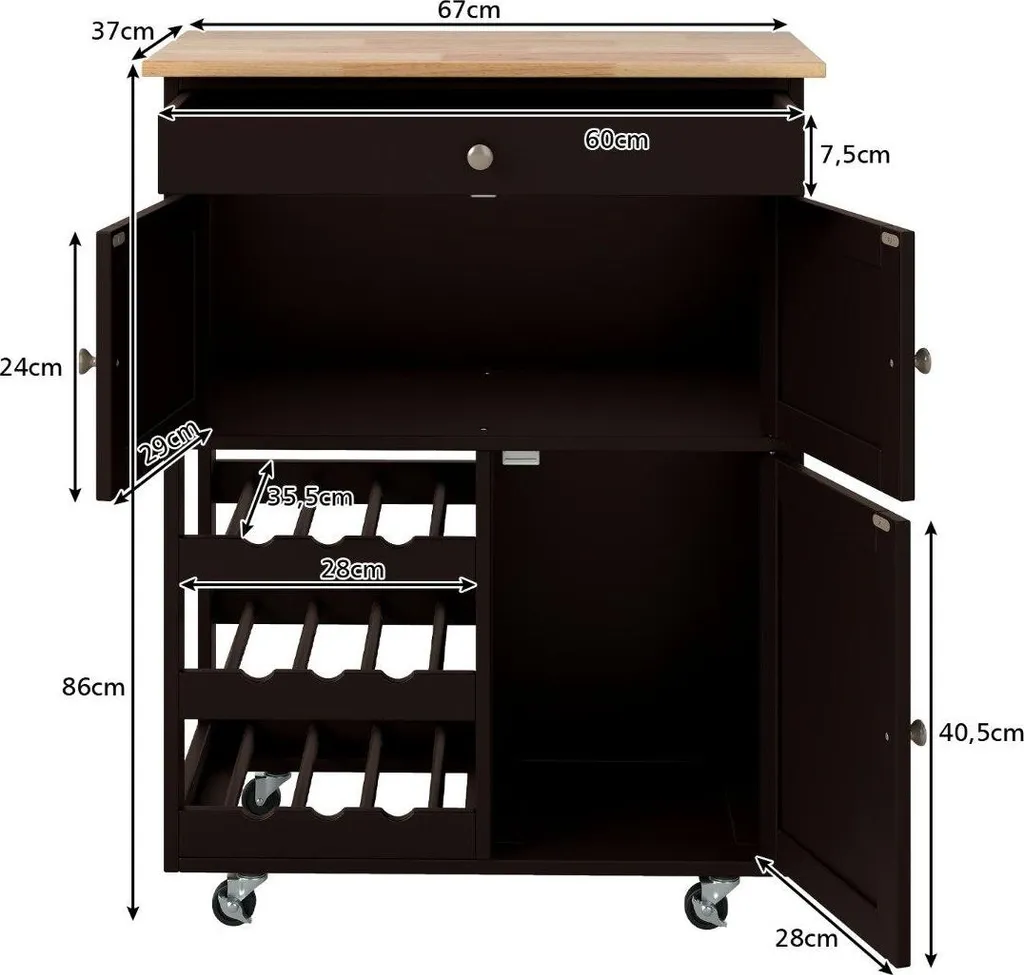 Desserte de cuisine mobile en bois avec rangement bouteilles et tiroir