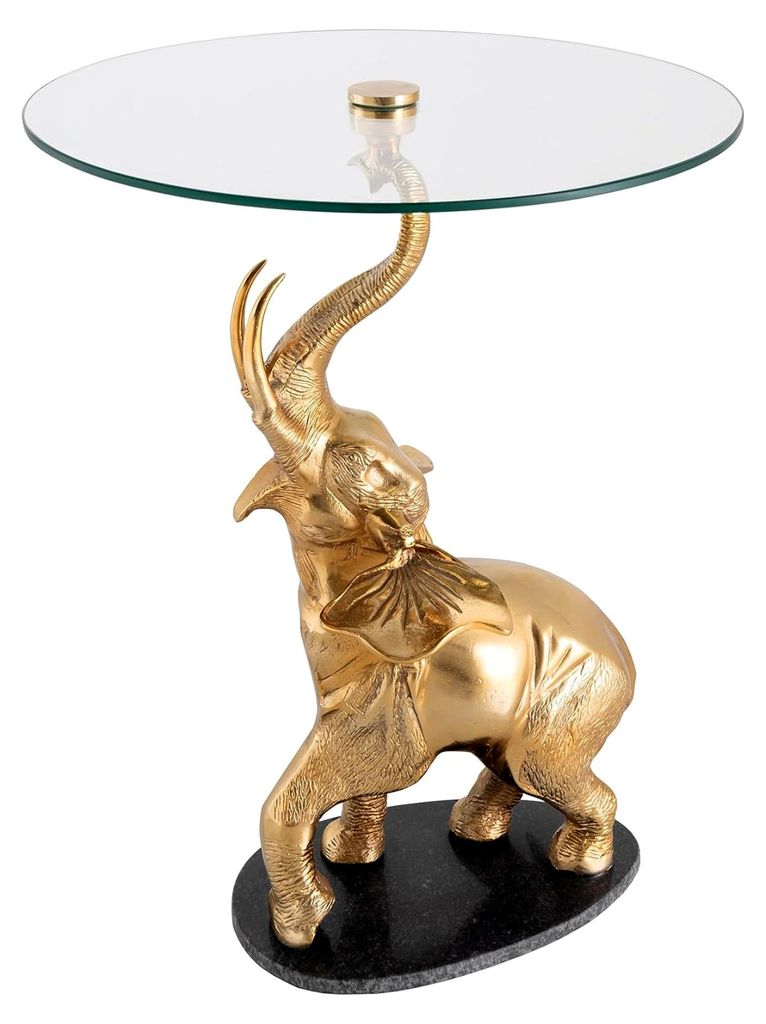 Beistelltisch Elephant 80cm Gold Metall Sicherheitsglas Marmor-Fuß