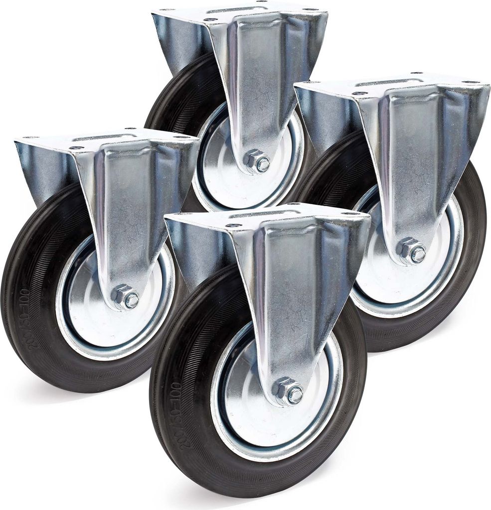 Wiltec Bockrollen Set 4x Transportrolle Ø200mm mit Vollgummirad, Metallfelge und Anbauplatte bis 150kg pro Rad, Apparaterollen Möbelrollen leiser...
