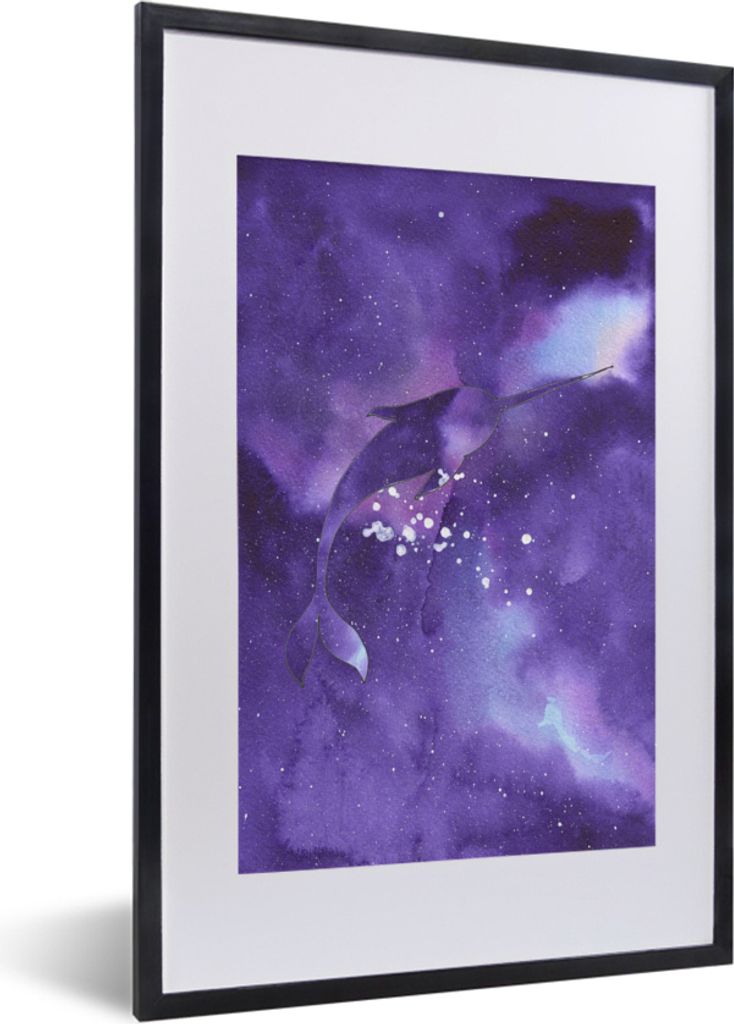 MuchoWow MuchoWow Gerahmtes Poster Narwal - Weltraum - Farben 40x60 cm - Poster mit zchwarzem Bilderrahmen - Poster in Rahmen