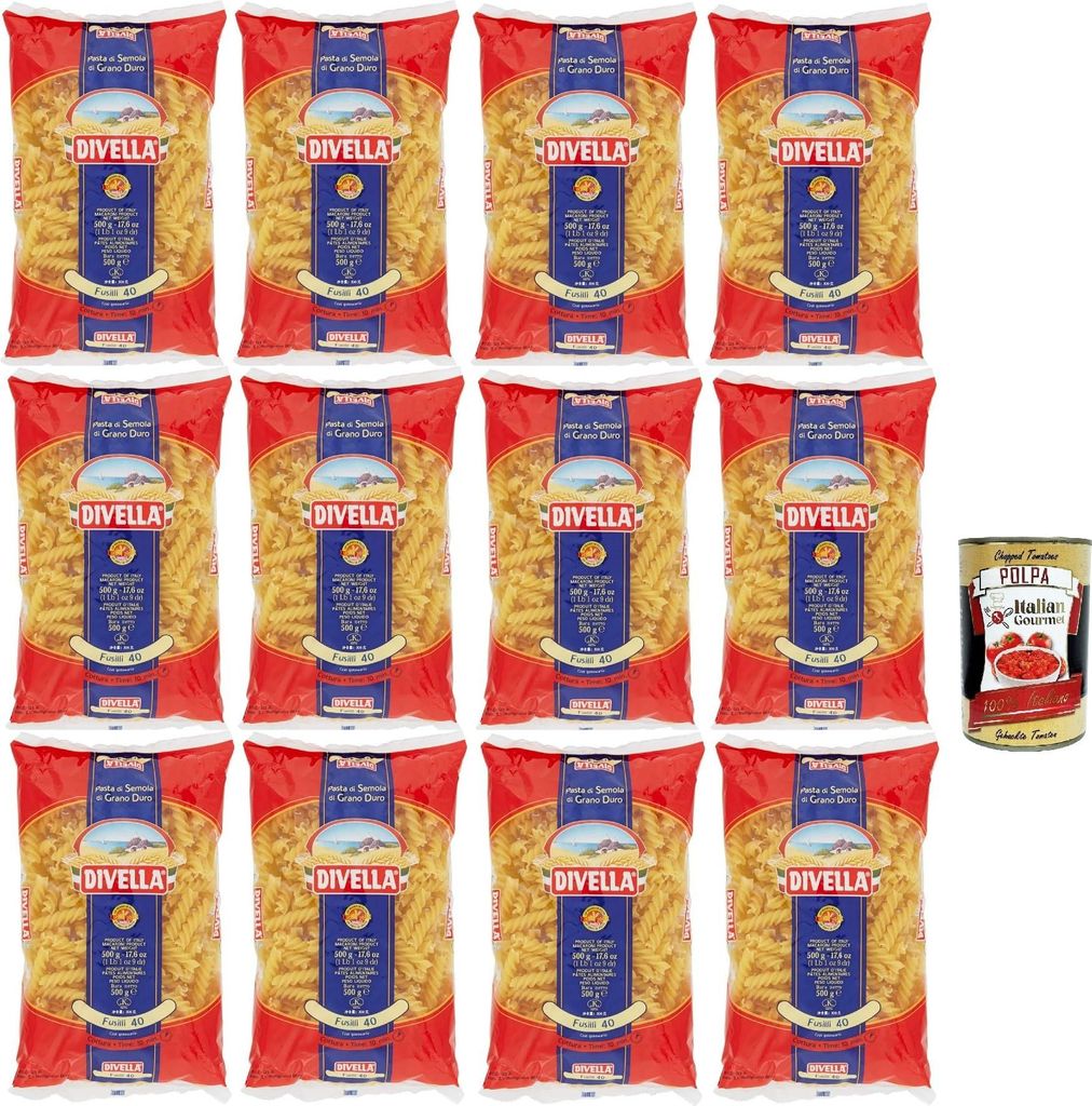 Divella Pasta 100% Italienisch Fusilli 40, Nudeln aus Hartweizengrieß, Kochen 10 Minuten 12x 500g + Italian Gourmet polpa 400g