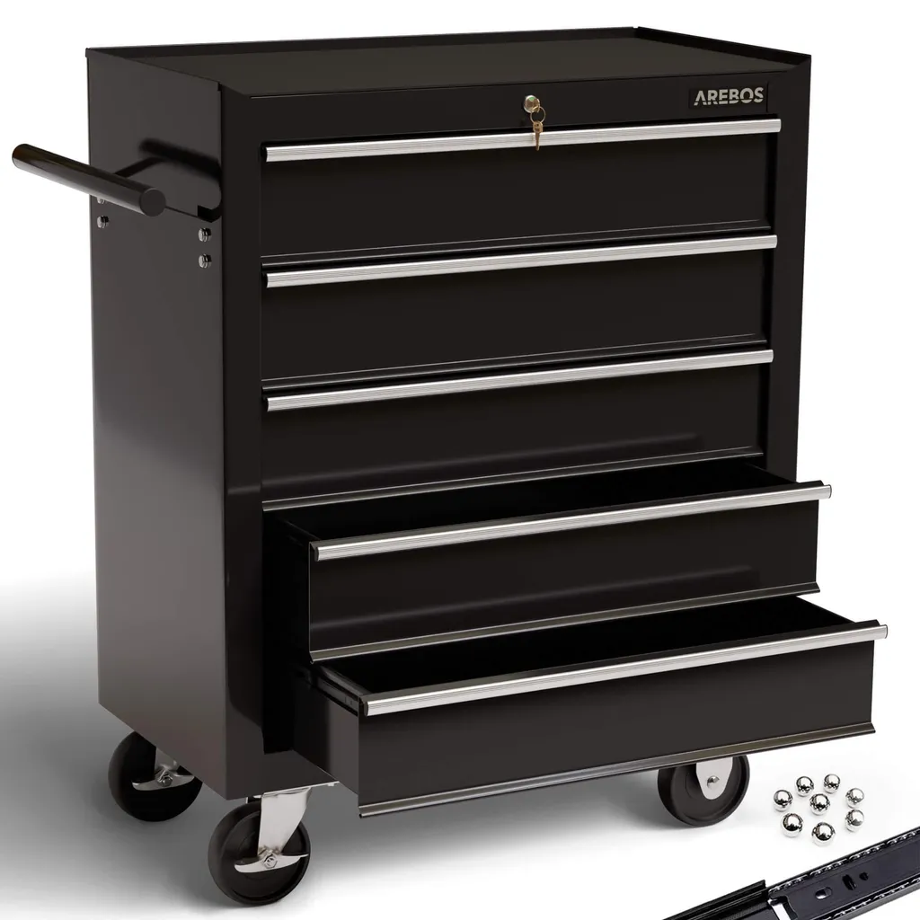 AREBOS Chariot Noir d'Atelier à 5 Compartiments avec Verrouillage Central