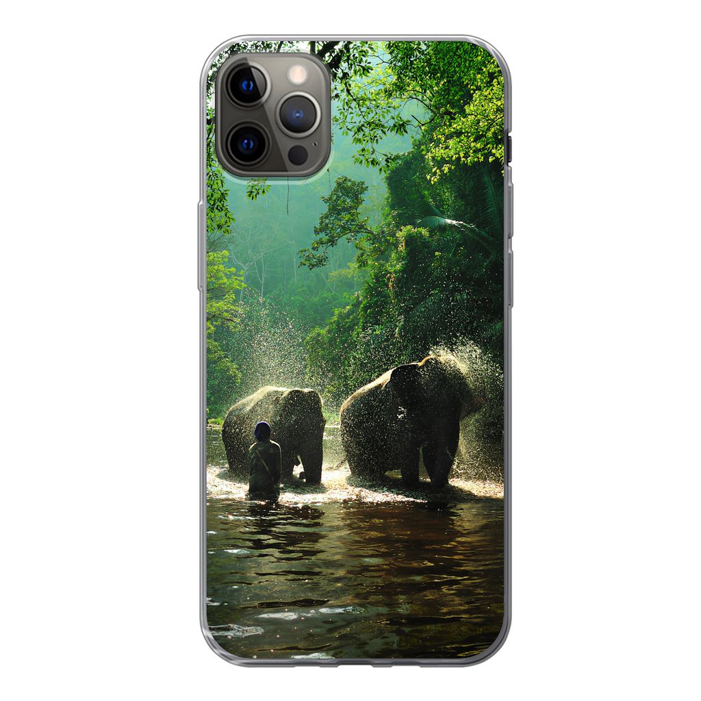 MuchoWow Handyhülle Schutzhülle Hülle für iPhone 13 Pro Max Elefant - Wasser - Bäume - Grün - Tiere Silikon Softcase Handy Hülle - Mobilte...