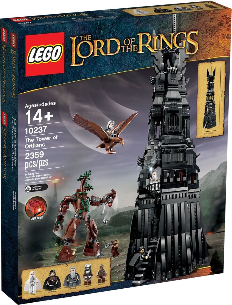 The image shows the box of a Lego set depicting The Tower of Orthanc from The Lord of the Rings. It features the tower, a tree-like creature, an eagle with a rider, and several minifigures.