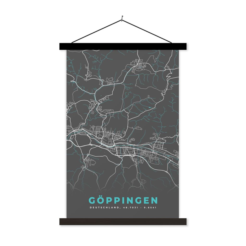 MuchoWow Textilposter Blau - Deutschland - Karte - Stadtplan - Göppingen 40x60 cm mit schwarzem Rahmen - Wanddekorationen