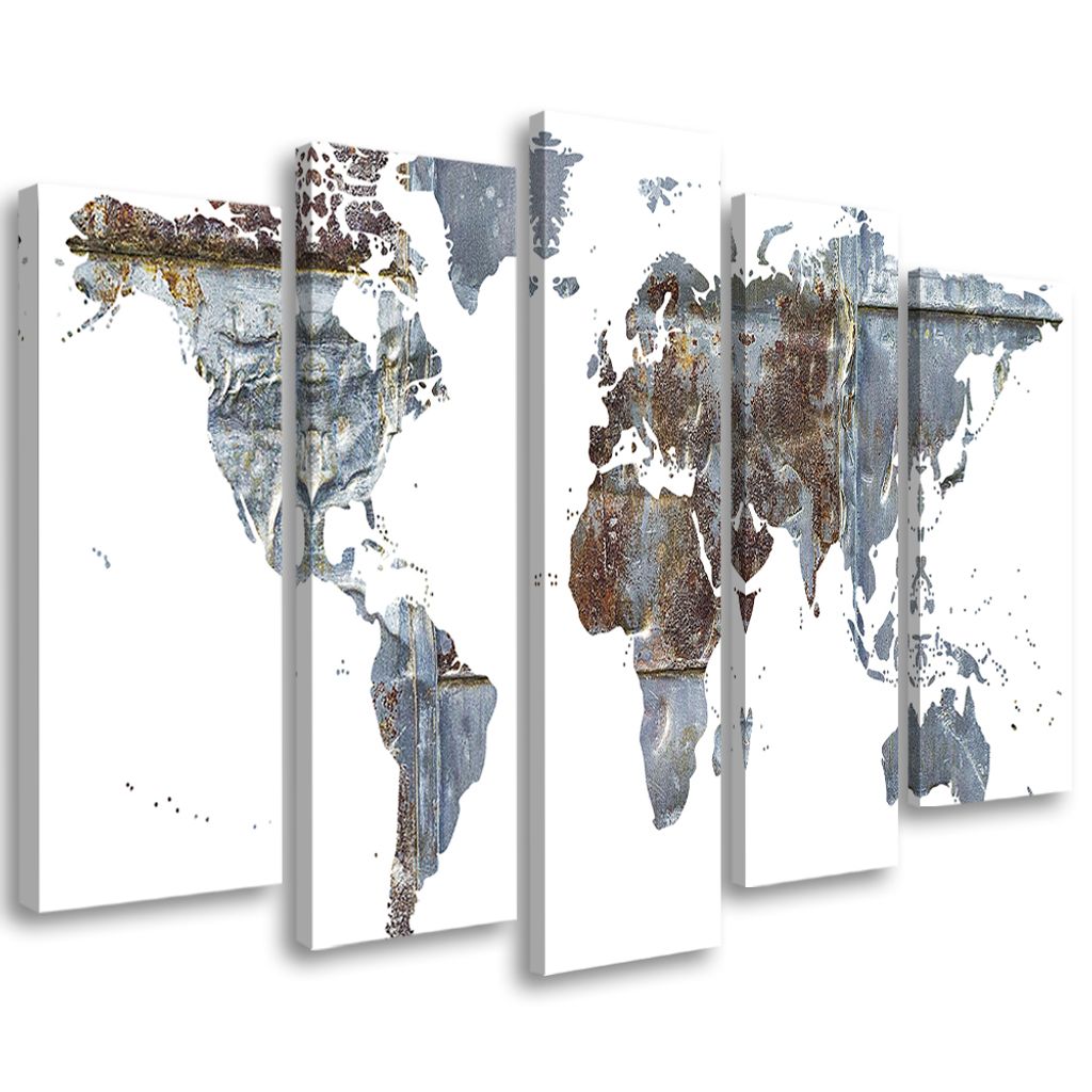 5-teiliges leinwandbild weltkarte 150x100 cm Feeby grau wandbild bereit zum aufhängen