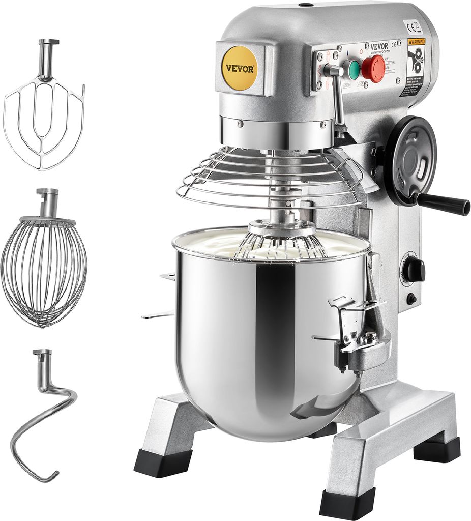 A silver stand mixer with multiple attachments is displayed against a white background. The mixer is shown with a whisk attachment in the bowl, and a dough hook and flat beater are shown separately to the left.