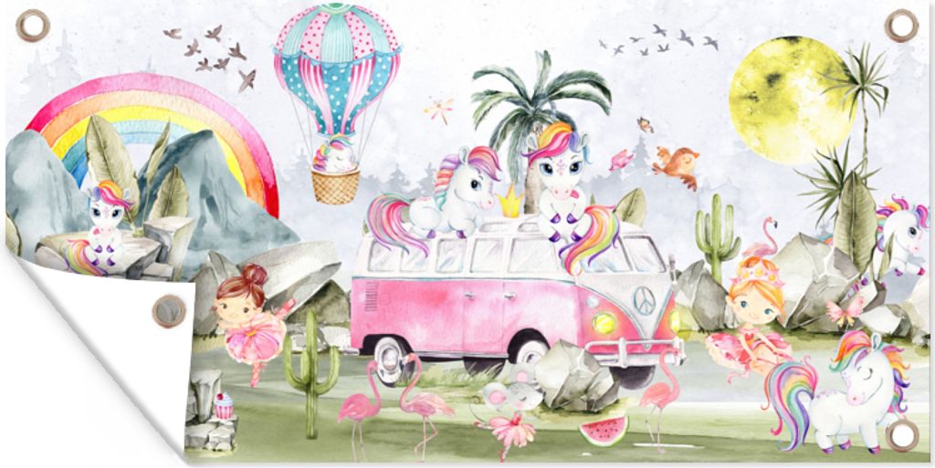 MuchoWow 60x30 cm Outdoor-Poster Gartendeko Sichtschutz Garten Poster für den Garten Einhorn - Regenbogen - Kinder - Mädchen - Auto