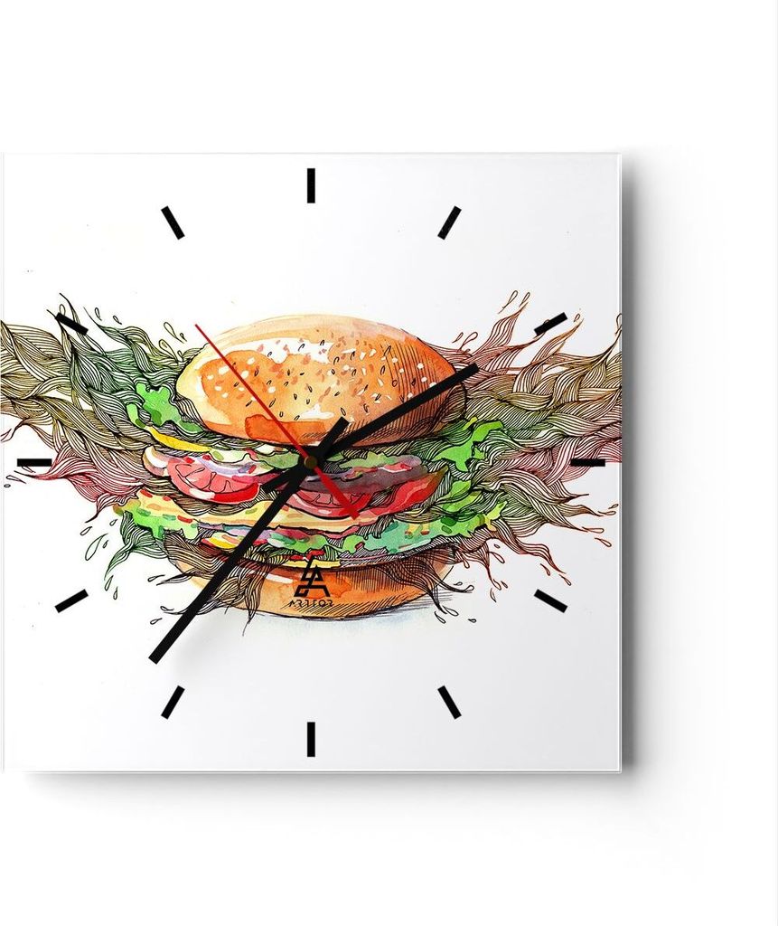 Wanduhr - Quadrat - Glasuhr - Illustration nahrung hamburger brötchen - 30x30cm - Schleichendes Uhrwerk - Lautlos - zum Aufhängen bereit - Dekora...