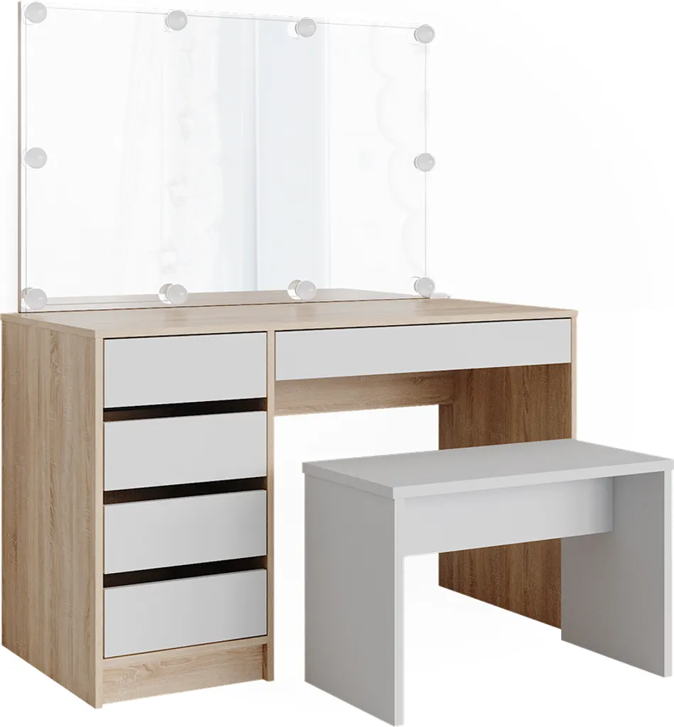 Coiffeuse LED Vicco Sherry 120 cm blanche et chêne avec banc de rangement