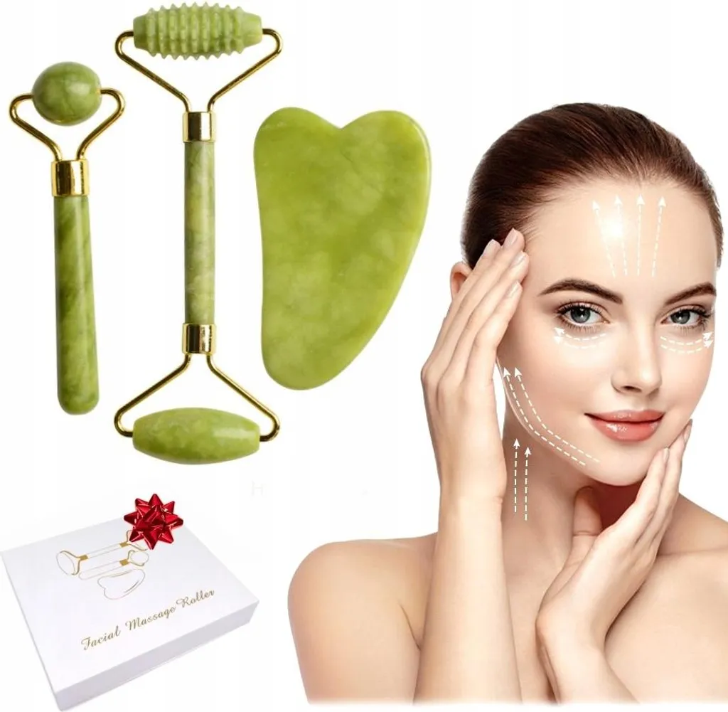 Kit Massaggio Viso Jadeit: 2 Roller + Gua Sha per Drenaggio Linfatico