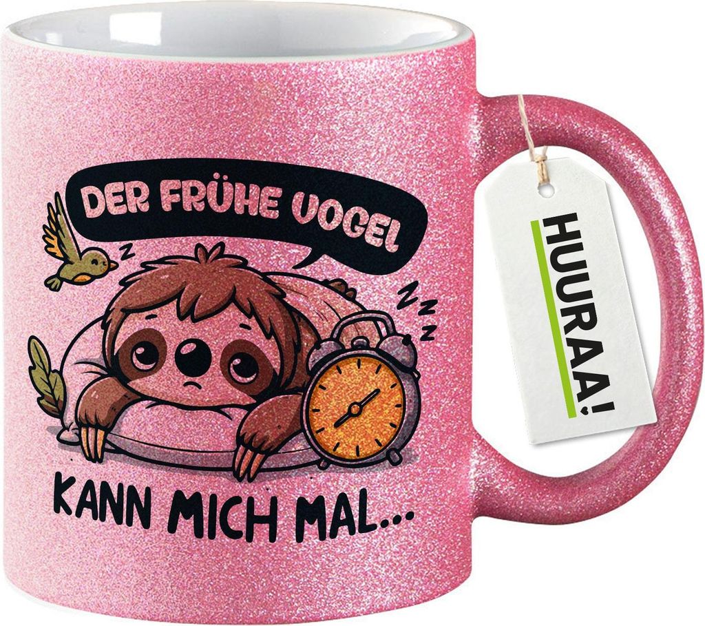 Huuraa Glitzertasse Der frühe Vogel kann mich mal Faultier 330ml Pink Keramik Kaffeebecher Geschenkidee
