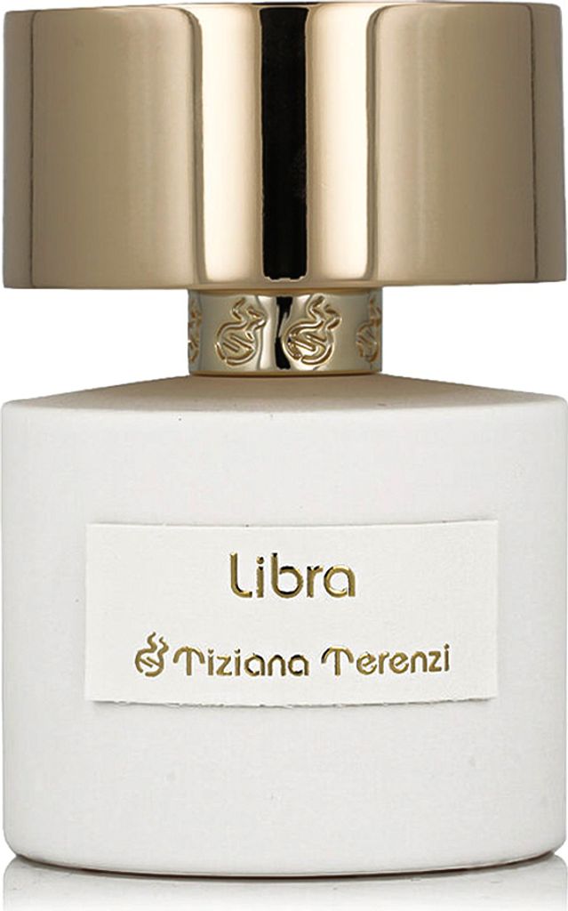 A close-up studio shot of a white perfume bottle with a gold cap.