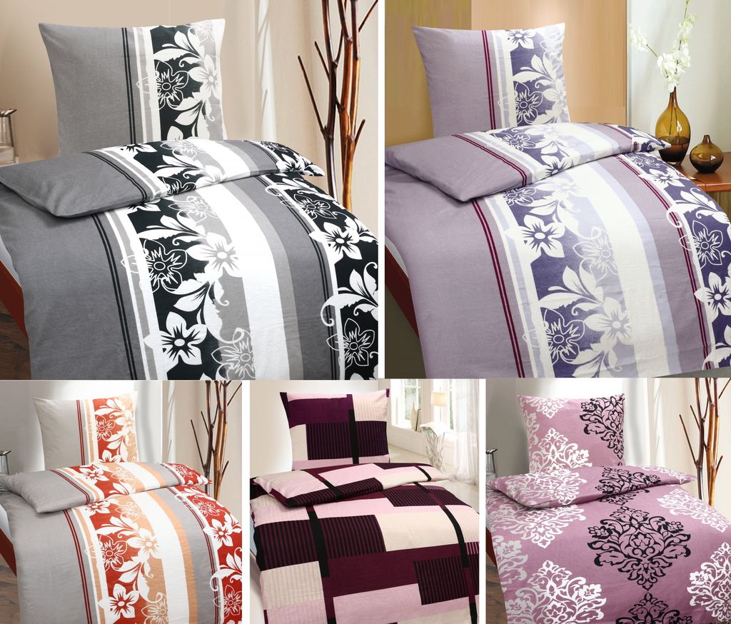 A collage of different bedding sets, each featuring a duvet cover and pillowcase with various striped and floral patterns.