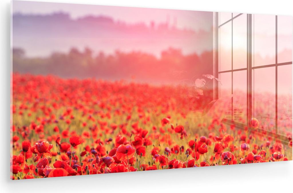 MuchoWow Glasbilder - Bilder auf Wandbild - Foto auf Glas Blumen - Mohn - Rot - Blumenfeld 40x20 cm Wanddekoration aus Glas - Acrylglasbild - Acryl...