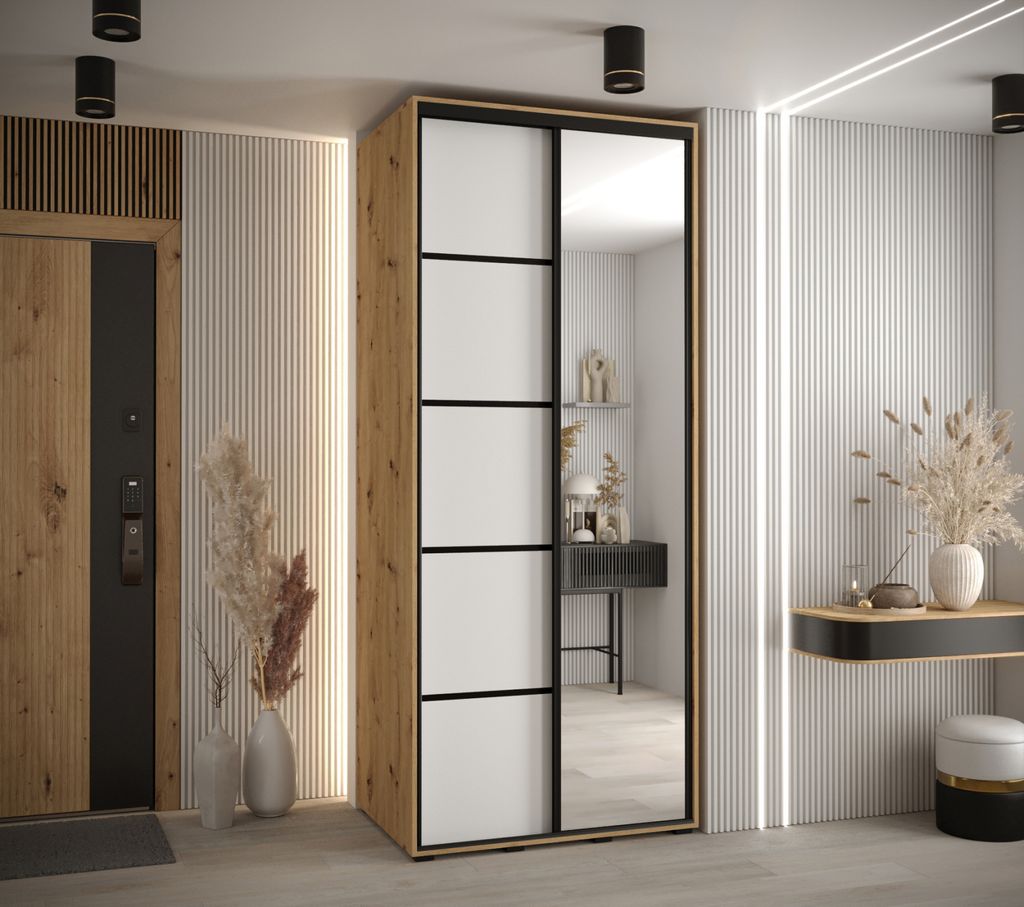 Kleiderschrank ASIRI 5 - 100/45 cm, Eiche handwerklich / weiß / schwarz