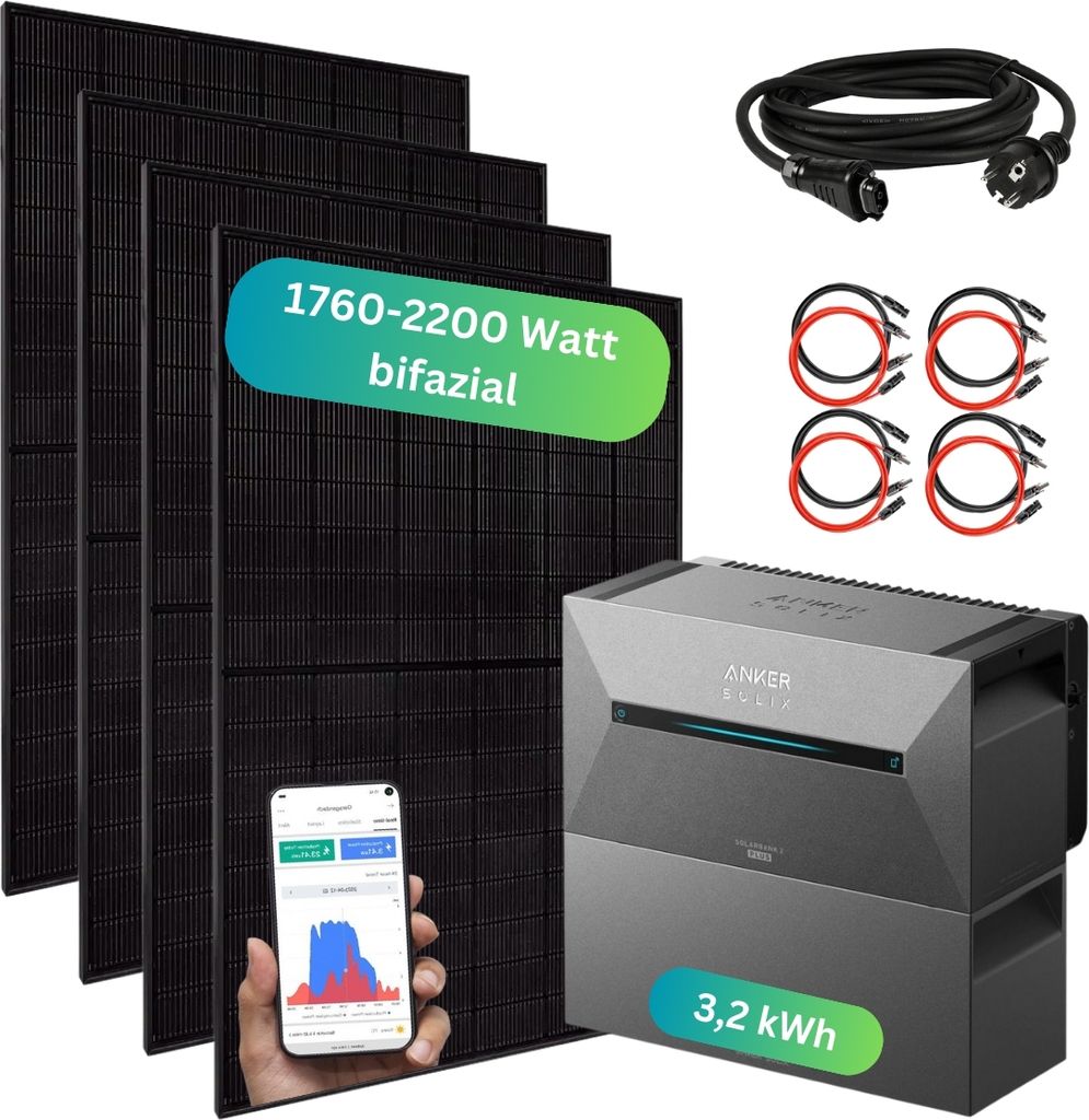 MYVOLTAICS Balkonkraftwerk 1760+ Watt mit Speicher Anker SOLIX Solarbank 2 Pro (3,2 kWh), Steckerfertig - einstecken. fertig. ohne Aufständerung