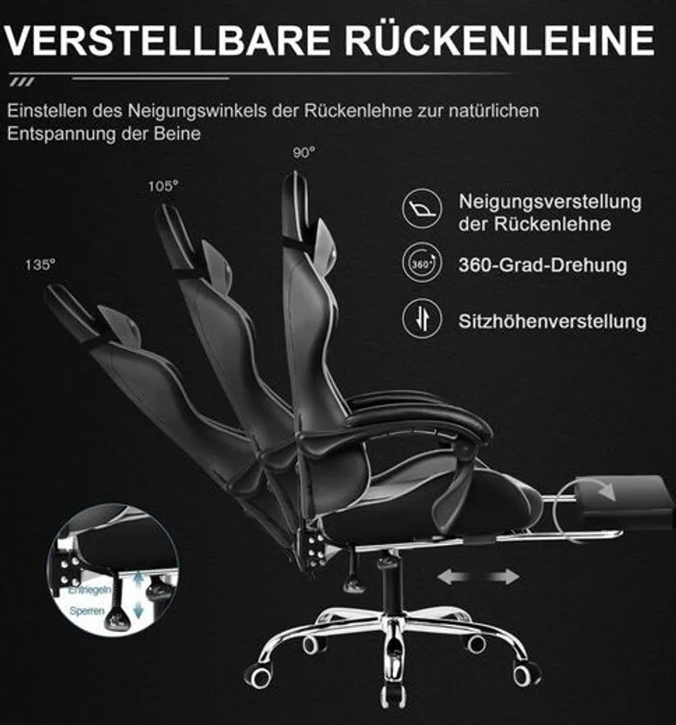 Chaise Gaming Confortable pour Longues Sessions avec Repose-pieds Gris - 4