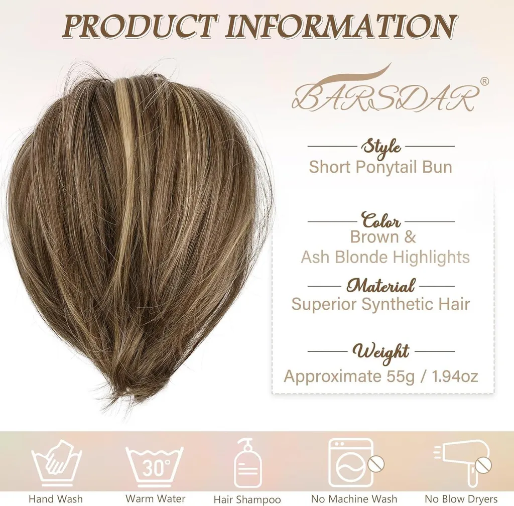 BARSDAR Parrucchino Bun Ponytail Sintetico 20cm Marrone Biondo Cenere - 4