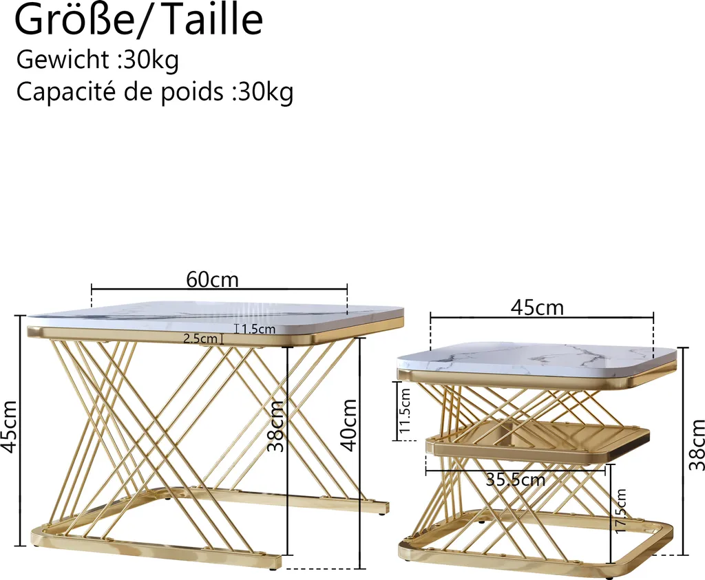 Table Basse Moderne Dorée et Marbre avec Rangement - Structure Métal