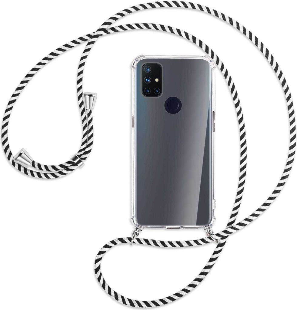 Handykette Backcover-Schutzhülle mit Band (Metall silberfarben) für OnePlus Nord N10 5G - schwarz/weiß gestreift
