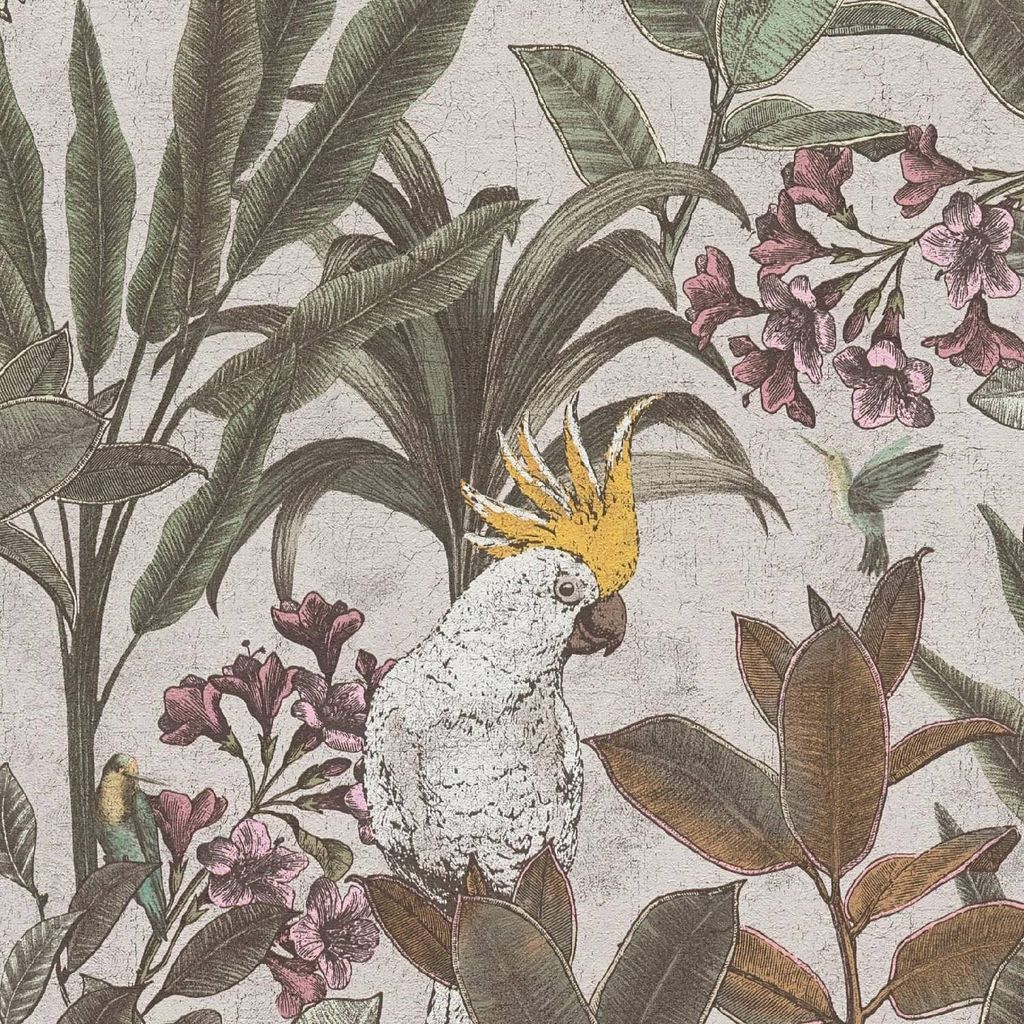 Dschungel-Tapete Kakadu Naturfarben - Vliestapete tropisch - Mustertapete mit Blättern & Vogel AS-Creation (KG-174833)