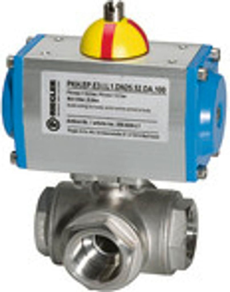 Riegler Edelstahlkugelhahn, pneumat. Stellantrieb doppeltwirk., T-Bohrung T1, Rp 2