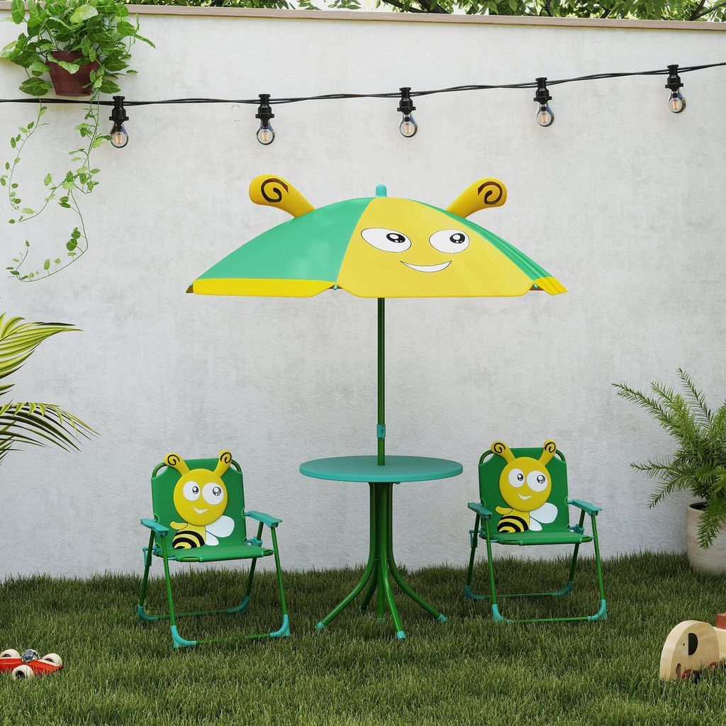 Gartenmöbel-Set für Kinder, Stühle, Tisch, Sonnenschirm, Bienen-Design, Grün+Gelb, 49,5x49,5x50,0 cm, höhenverstellbar, faltbar